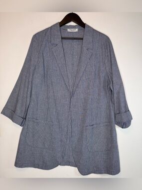 Edas Italy Women's Blazer Navy Houndstooth boyfriend cut Sz 12 linen blend